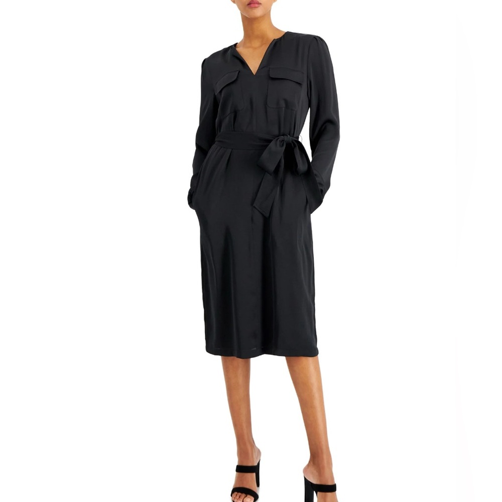 Alfani Navy Satin Utility Long Sleeve Shirt Dress